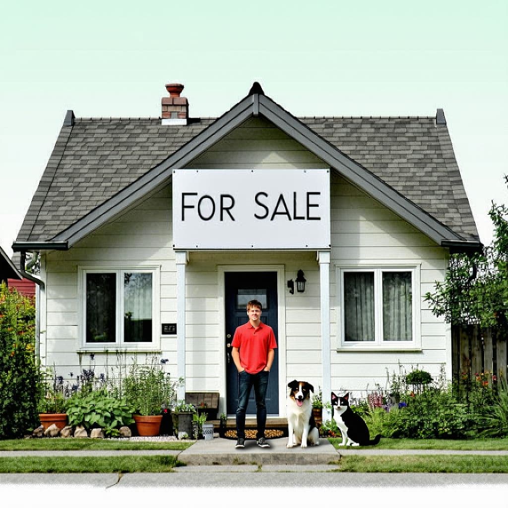AI generated: house with person in front with a dog and a cat next to them. The house has a big sign that says "FO...