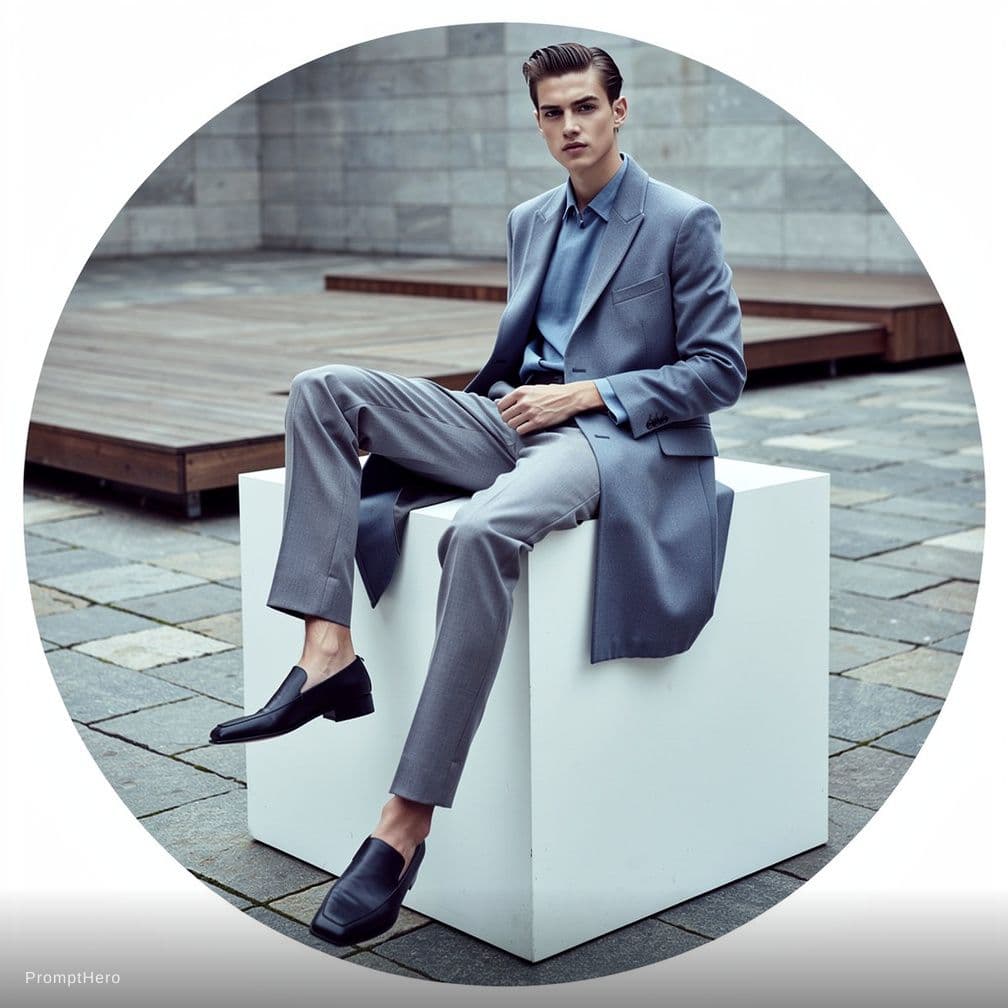 AI generated: a man sitting on top of a white cube, official jil sander editorial, blue and grey tones, trending o...