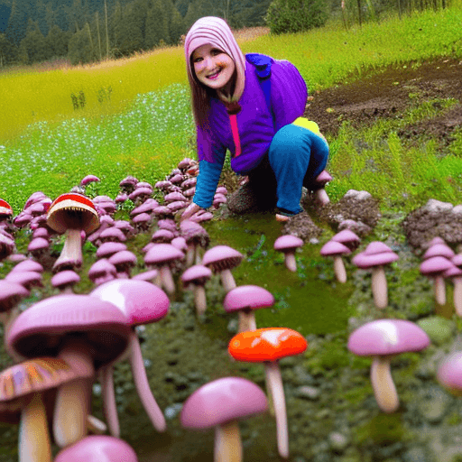 AI generated: After the summer rain, people pick mushrooms in the mountains, wearing a variety of colors of rainco...
