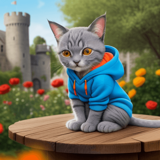AI generated: gray cute little cushi cat, full of colors, sitting on a wood table, looking at viewer with love, in...