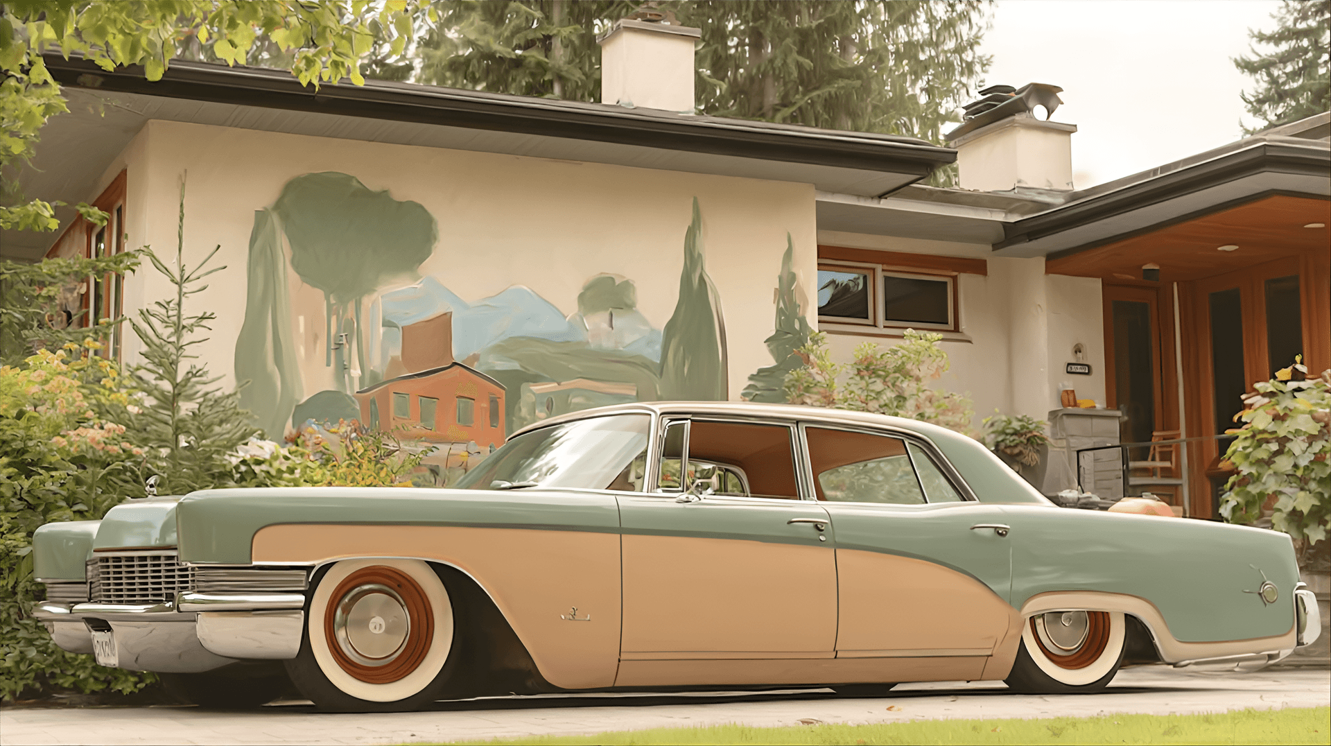 AI generated: custom lowrider style, classic american car with two-tone paint job, lowered suspension, custom whee...