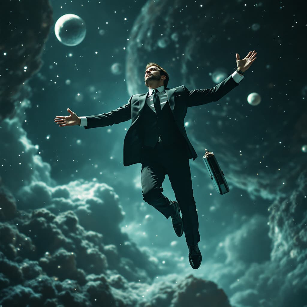AI generated: A man floating in outer space in a luxury suit and carrying a briefcase looks desperate