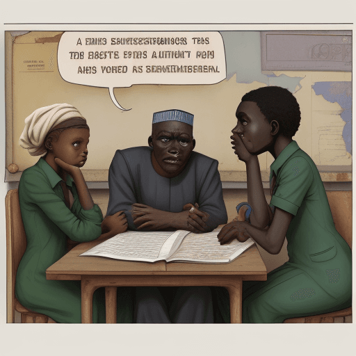 AI generated: nigeria, colonialization, education, 2 persons, speech bubbles in english, poor, satiric, battered, ...
