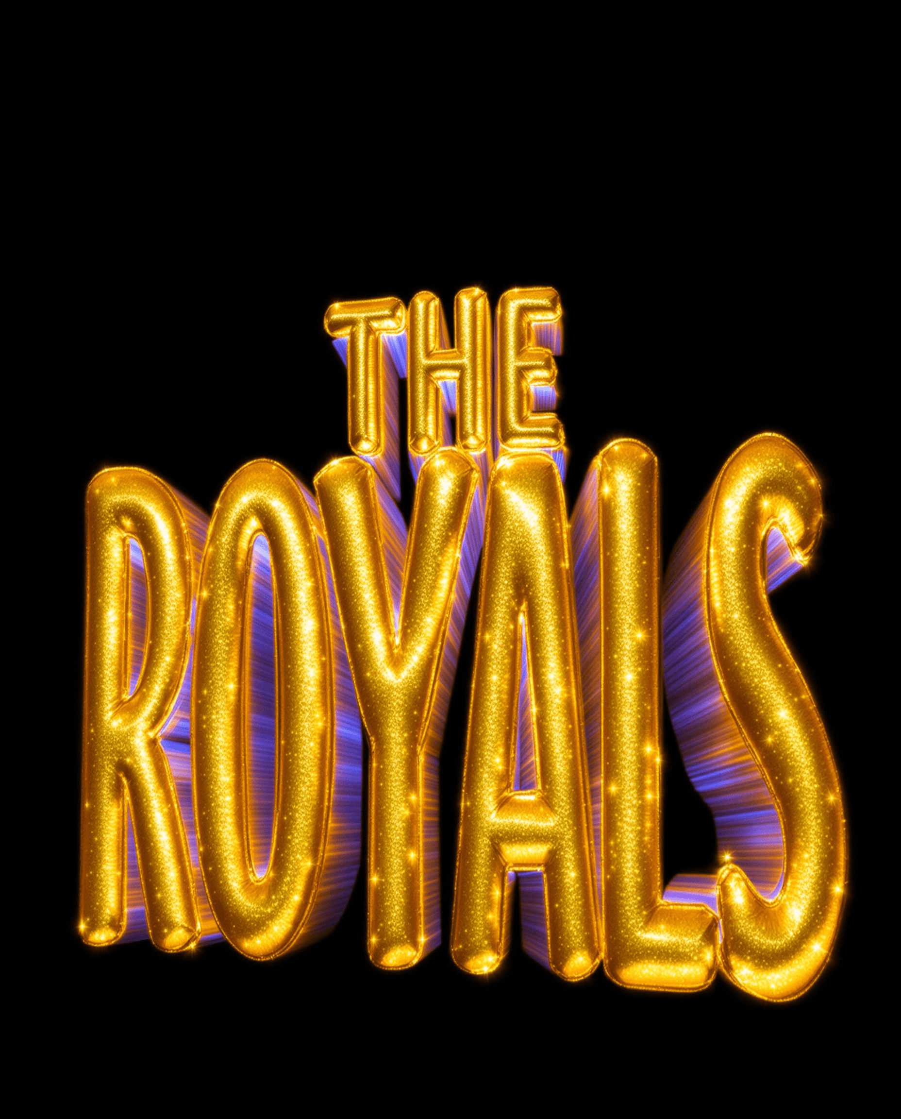 AI generated: Large, stylized, puffy, bubble-lettered text; golden in realistics,  forming the words "THE ROYALS";...