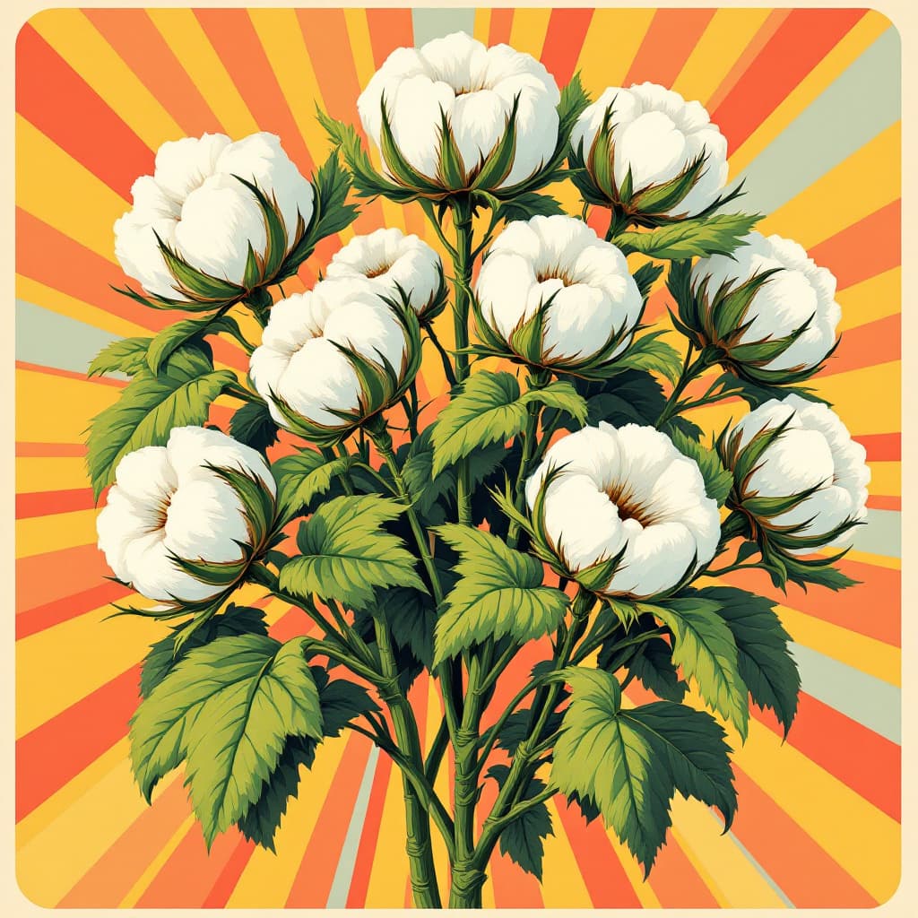 AI generated: Retro poster, vibrant, stylized pop art illustration featuring a bouquet of cotton plants with white...
