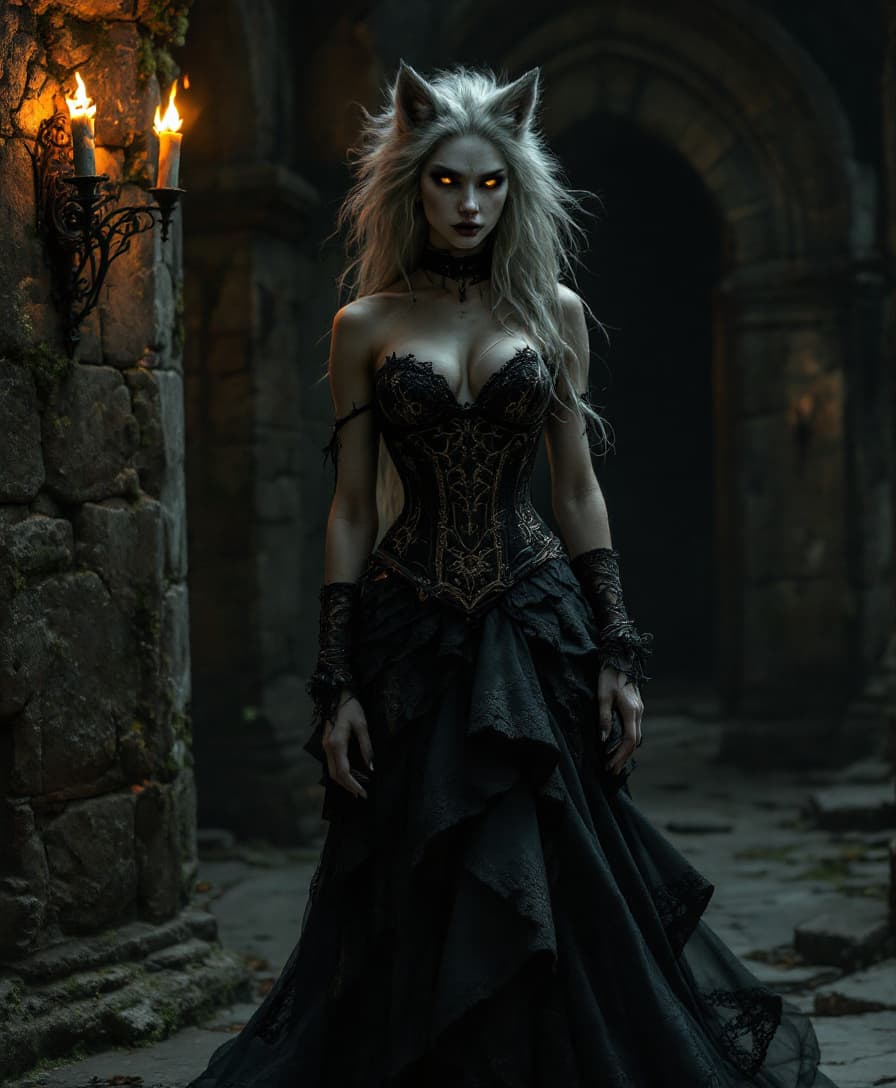 AI generated: Envision a female lycan, fully transformed, standing with an aura of raw power and gothic elegance. ...