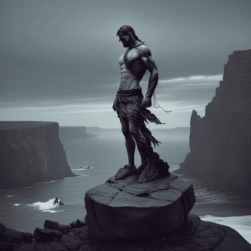 AI generated: A solitary figure, Prometheus is chained to a rocky cliff, his expression a mixture of pain and resi...