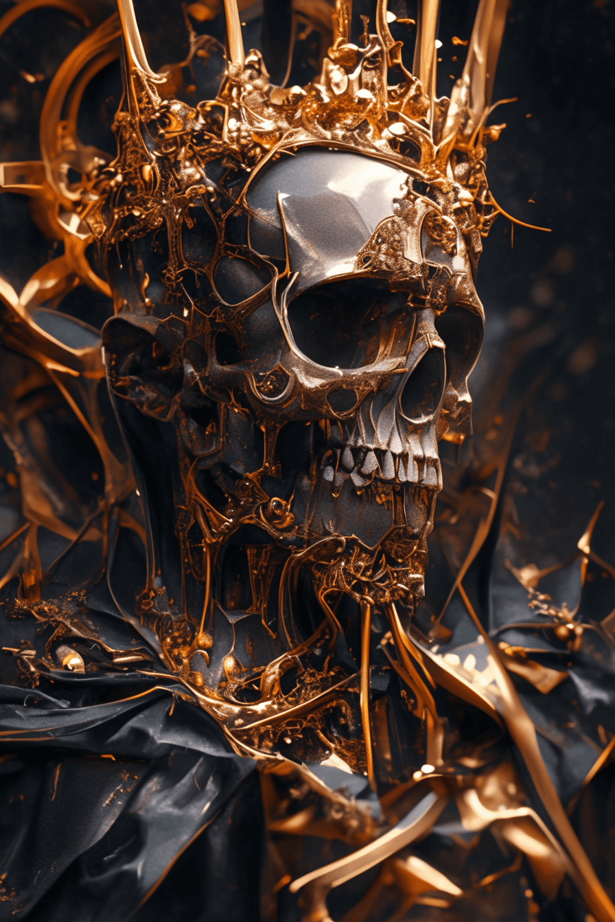 AI generated: a skull with golden crown on his head, in the style of cyberpunk imagery, vray tracing, intricate bo...