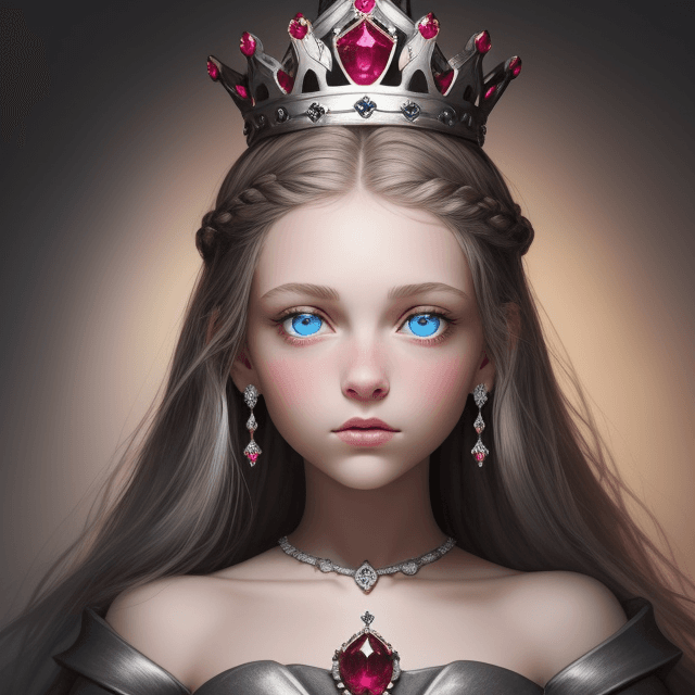 AI generated: the background is dark, the crown is silver with rubies that should be above her head in the air, th...