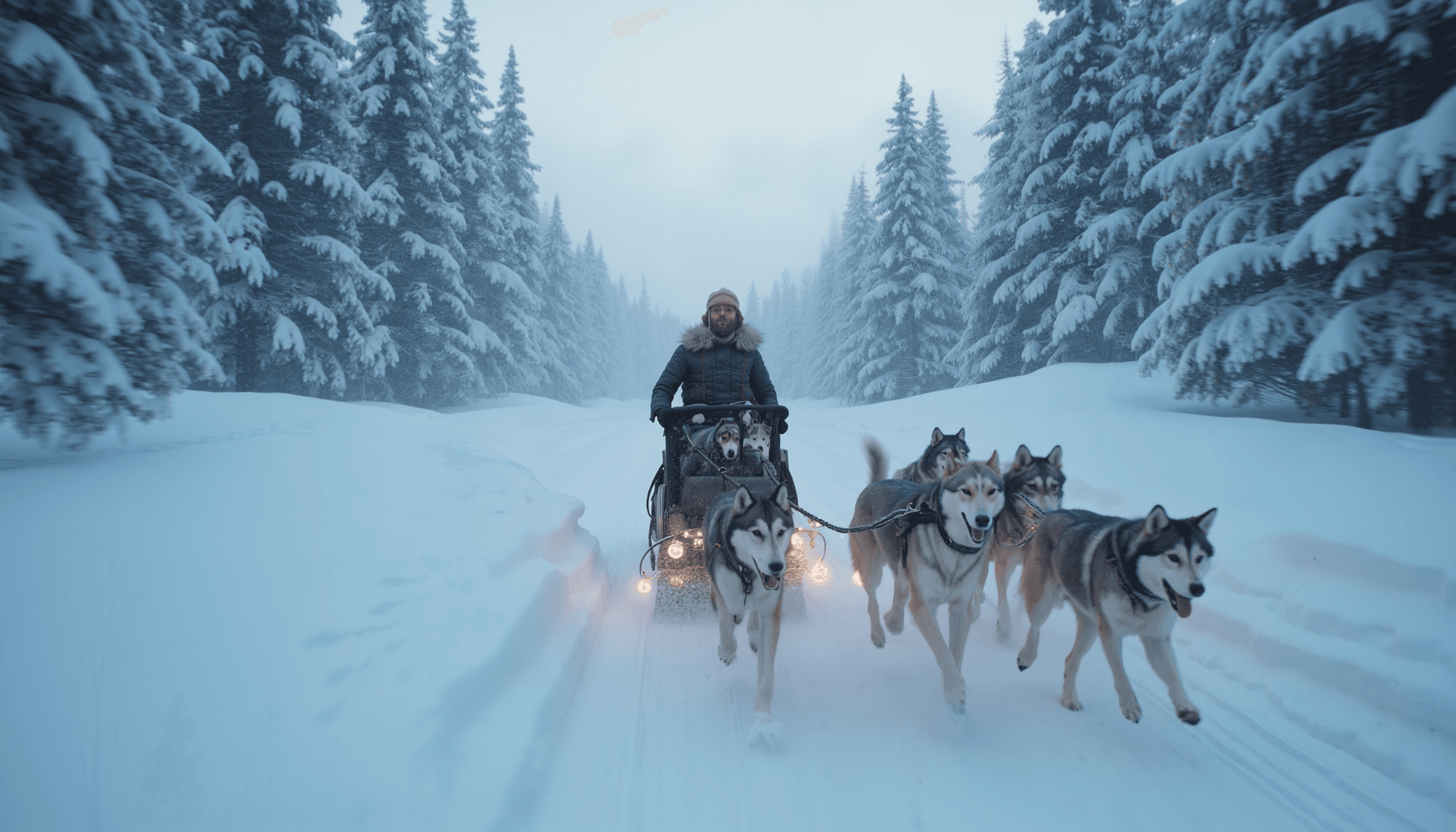 AI generated: A dog sled is speeding through the coldest place on Earth. On both sides of the snow-covered road, t...
