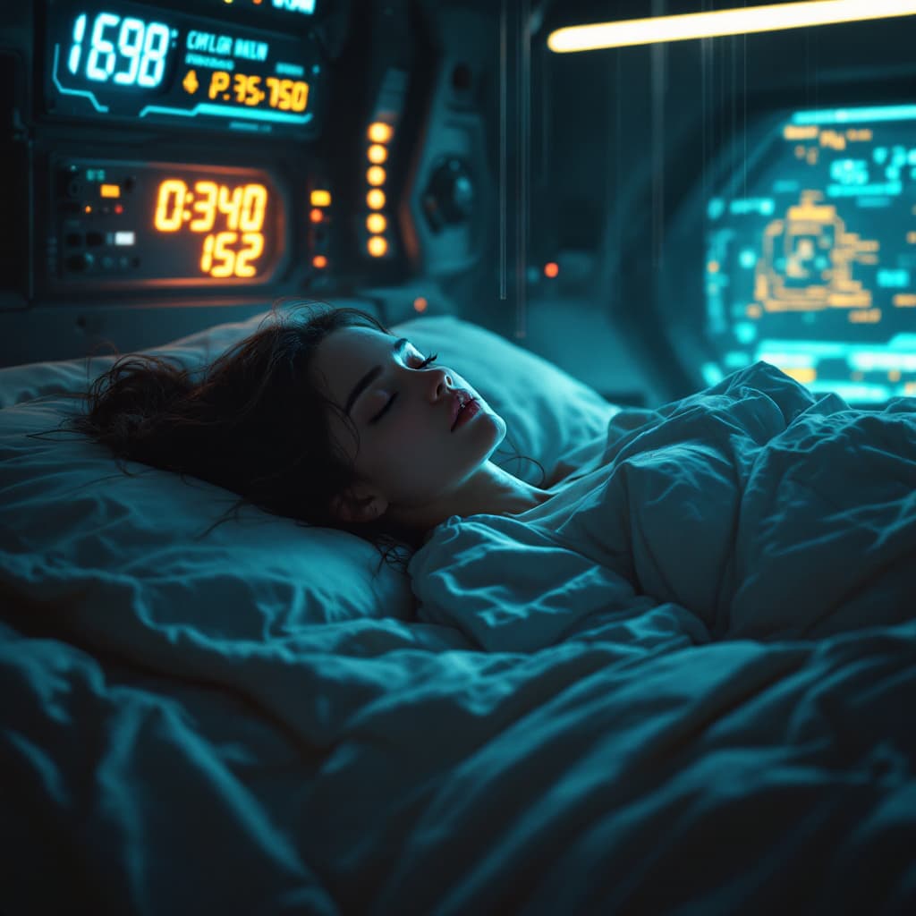 AI generated: In a dimly lit, futuristic sleeping chamber, a young woman lies serenely on a lavish, high-tech bed,...