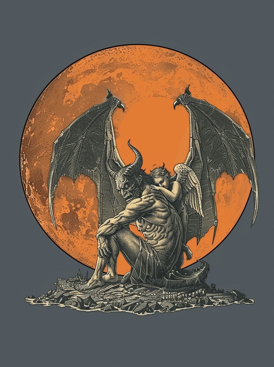 AI generated: A devil with wings and horns sits on the ground, holding an angel in his arms, against the backdrop ...