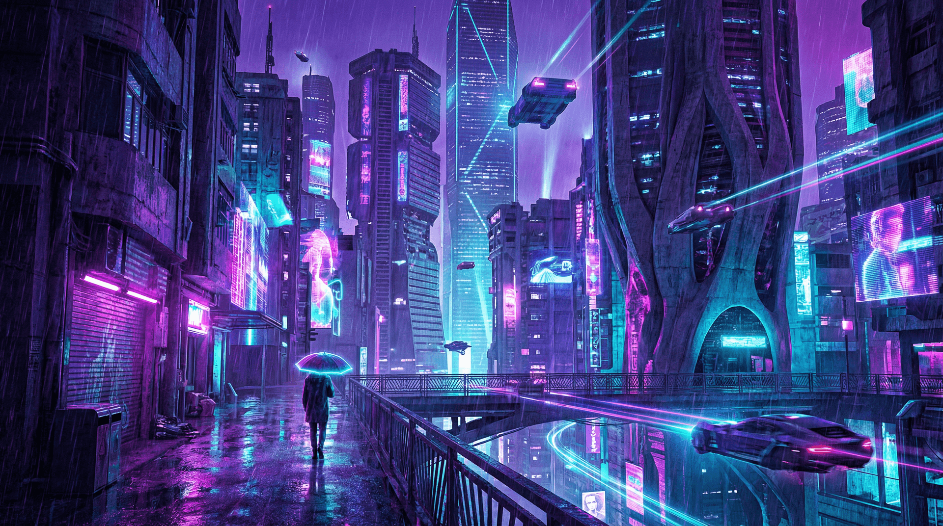 AI generated: neon cyberpunk city at night, rain reflections, purple and blue lights, futuristic