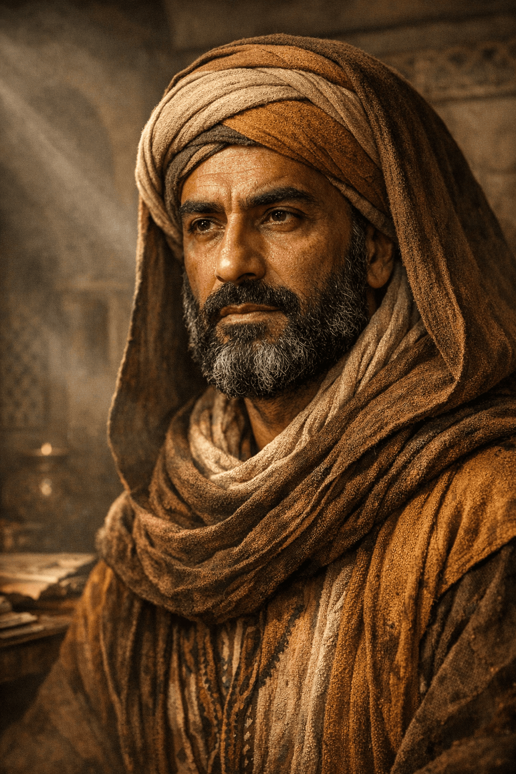 AI generated: Hyper-realistic cinematic close-up portrait of Ibn Khaldun (Ibn Jaldún), 14th-century Arab historian...