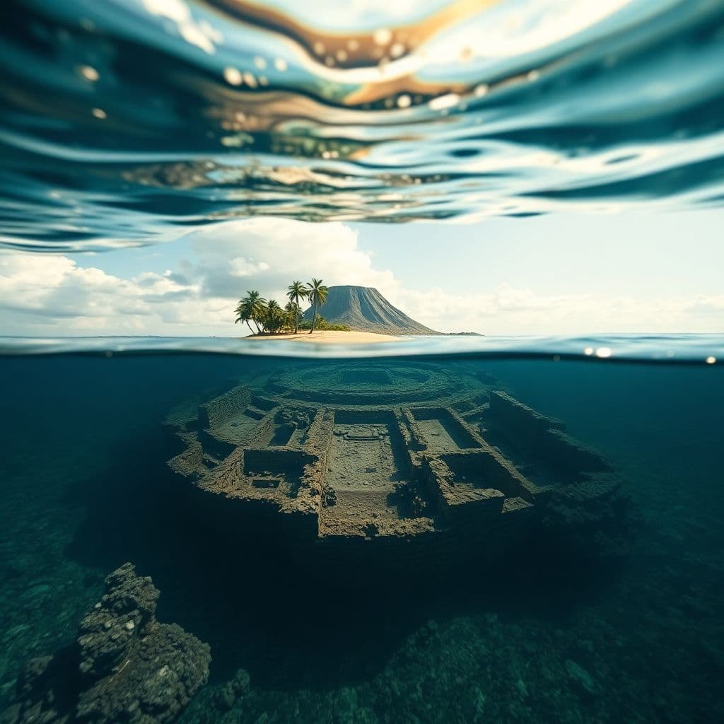AI generated: A cinematic split-frame composition where the lens is half-submerged underwater, Below the surface t...