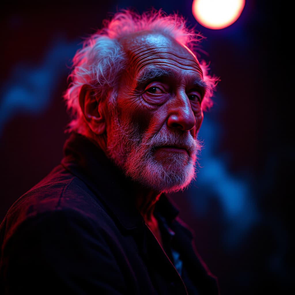 AI generated: fashion editorial, a portrait of old man is studio red and blue lights in style Alain Laboile, highr...