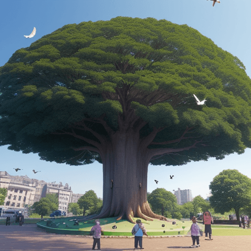 AI generated: an big old tree in the shape of the peace symbol , must include peace symbol, surrounded by kids pla...