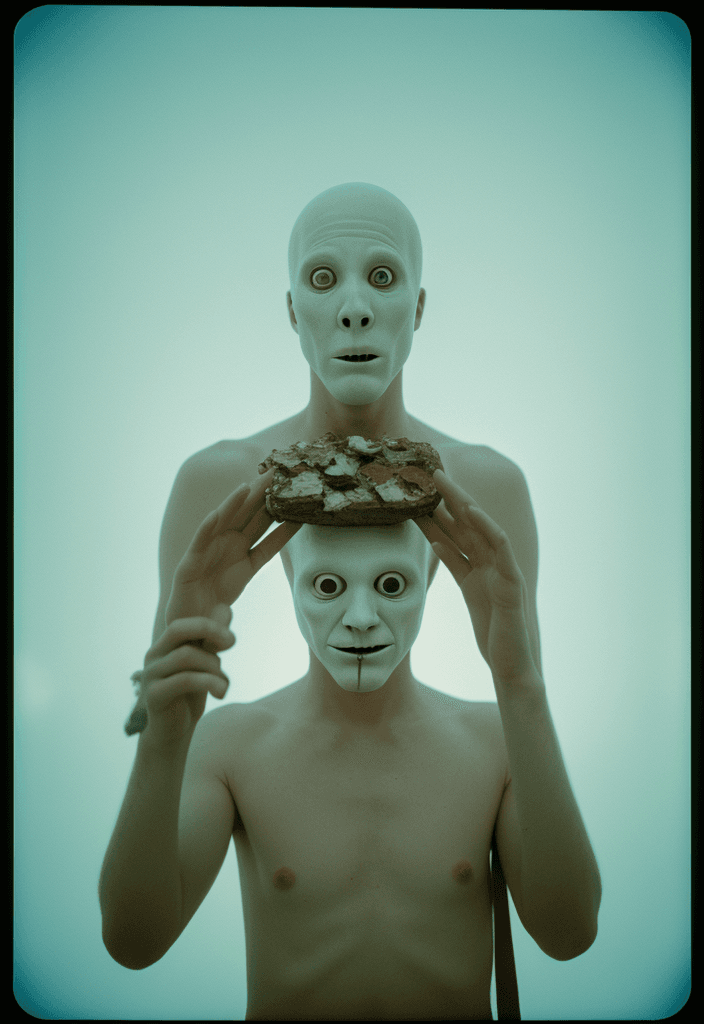 AI generated: bizarre absurdism, strange funny elements movie scene still, white light, expired film , 35 mm, Koda...