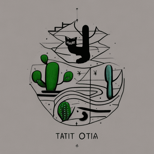 AI generated: Tattoo design that symbolically represents the concepts of  cat, cactus, trust, road, and sea in a m...