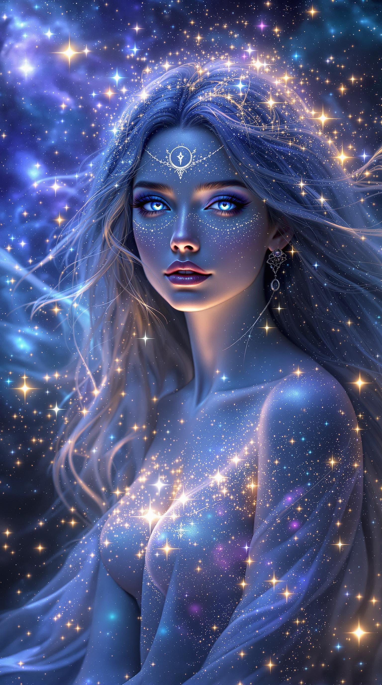 AI generated:  Image is a digital fantasy artwork featuring an ethereal woman with sea colors eyes Aquarius, set a...