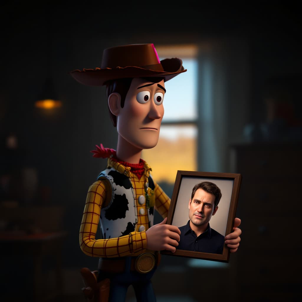 AI generated: A 3D-rendered digital image featuring Woody, the iconic cowboy toy character from Toy Story, standin...