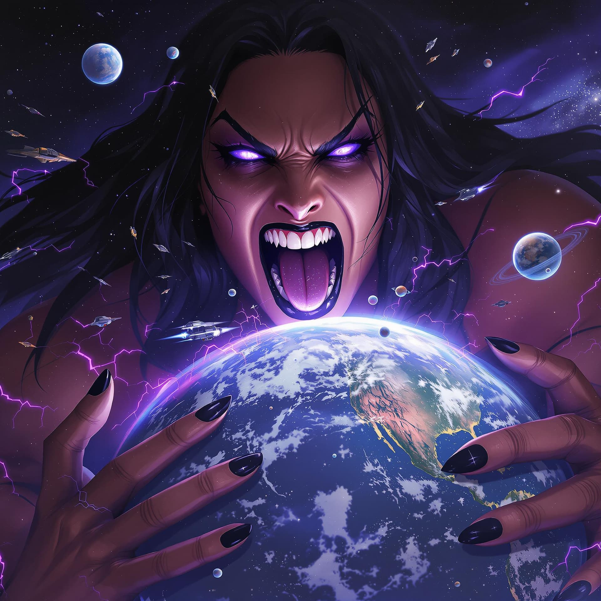 AI generated: enormous giantess Rhea Ripley  from WWE
bigger than a galaxy floating in space, minuscule planets in...