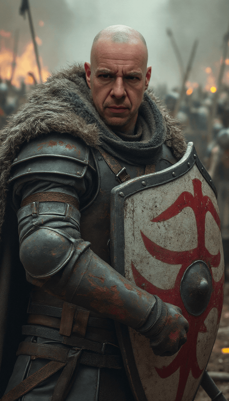 AI generated: A highly detailed, photorealistic close-up of a bald medieval knight with a fierce and determined ex...