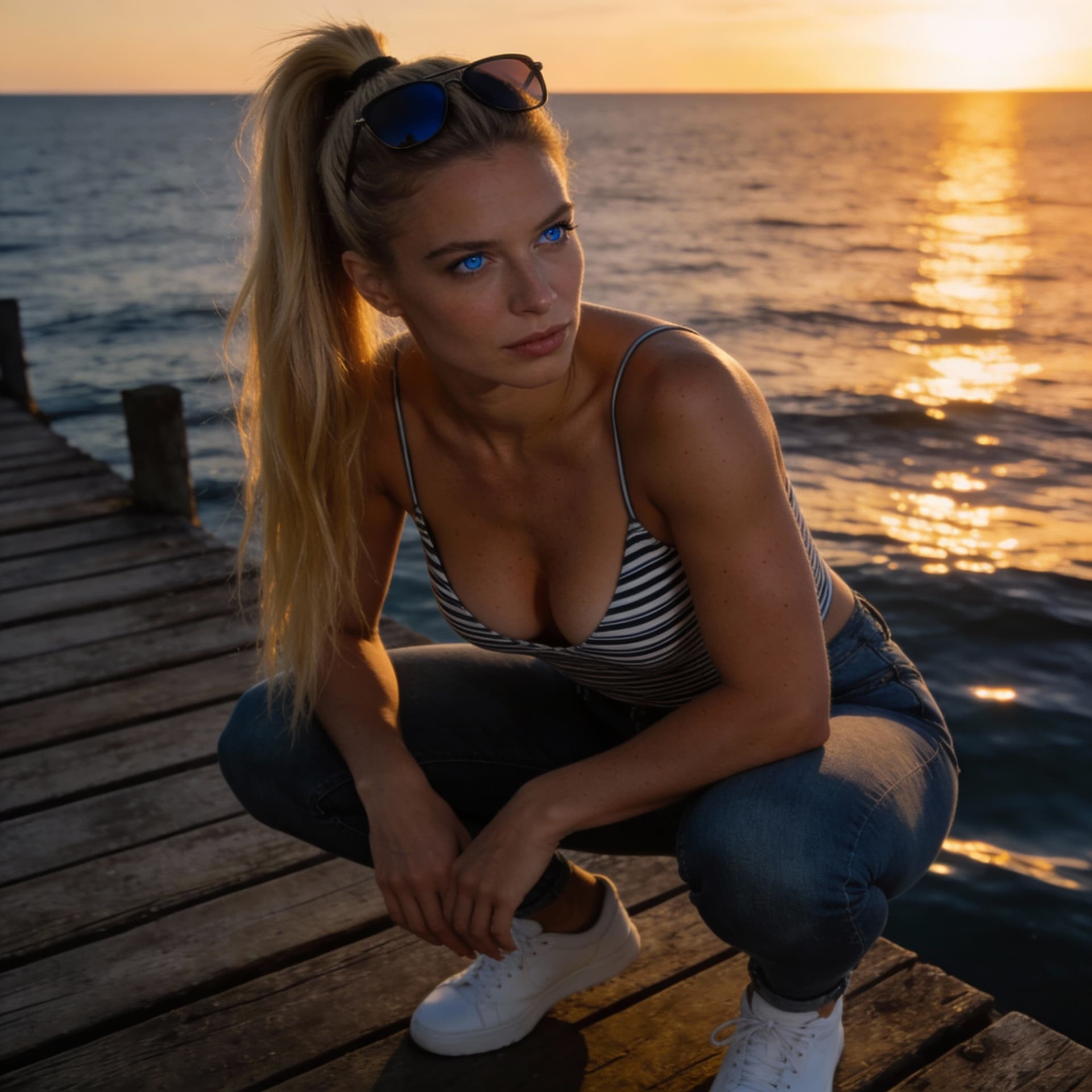 AI generated: cinematic image with dark shadows and high contrast, A photorealistic portrait of a fit 30yo woman c...