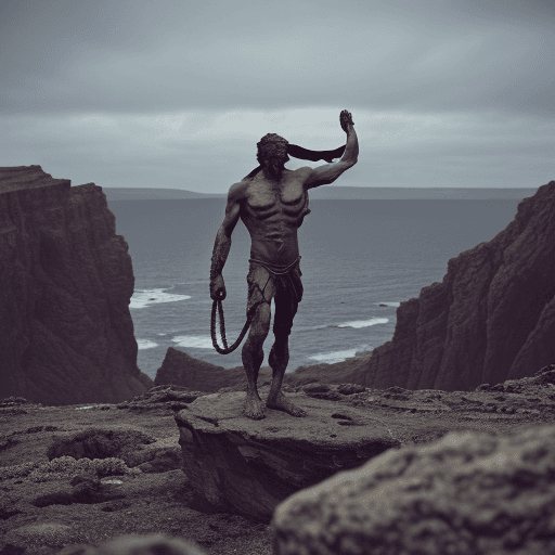 AI generated: A solitary figure, Prometheus is chained to a rocky cliff, his expression a mixture of pain and resi...