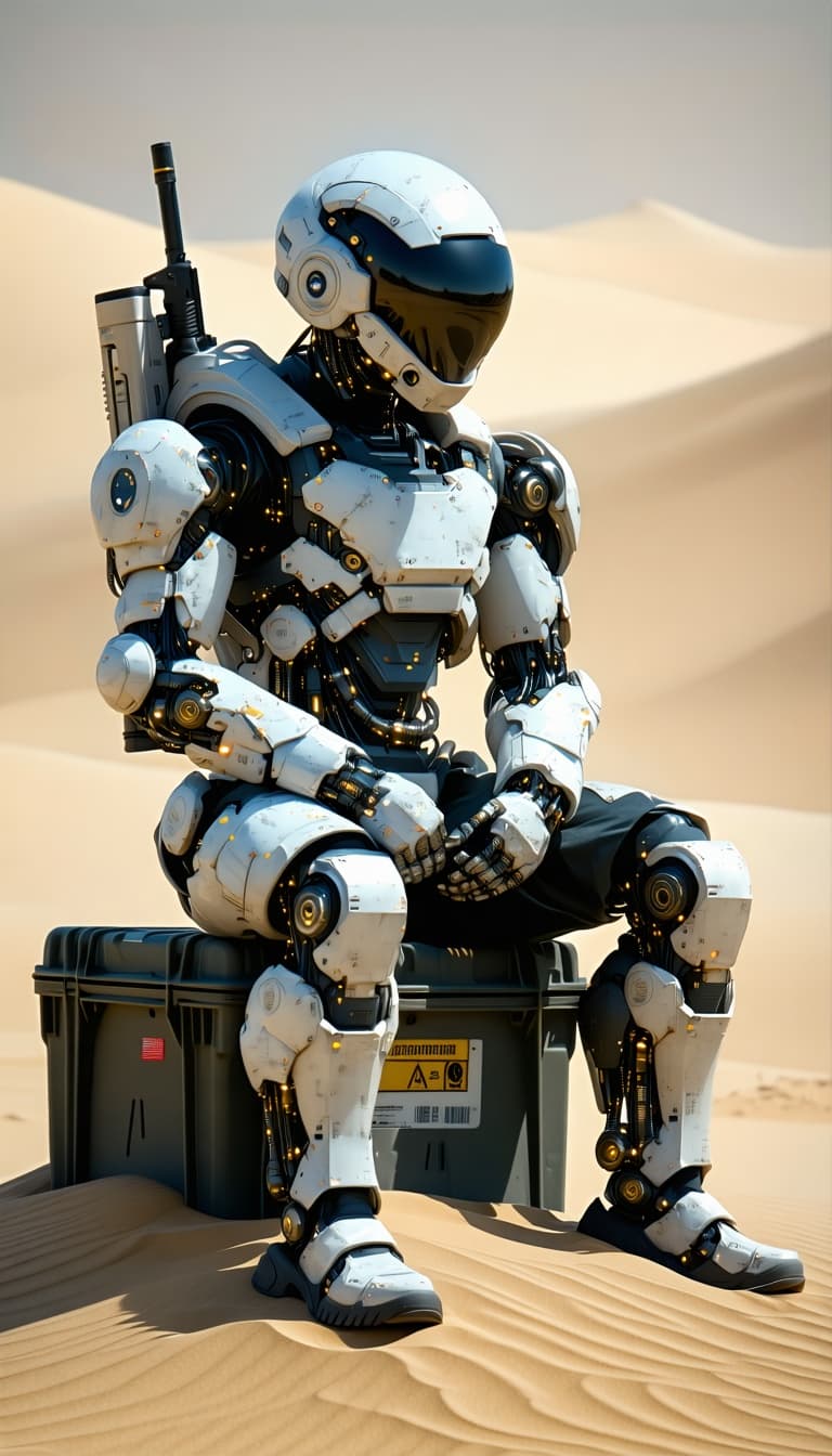 AI generated: Earth, year 2083, after the devastation of the 3rd World War. A lone soldier sits solemnly atop a am...