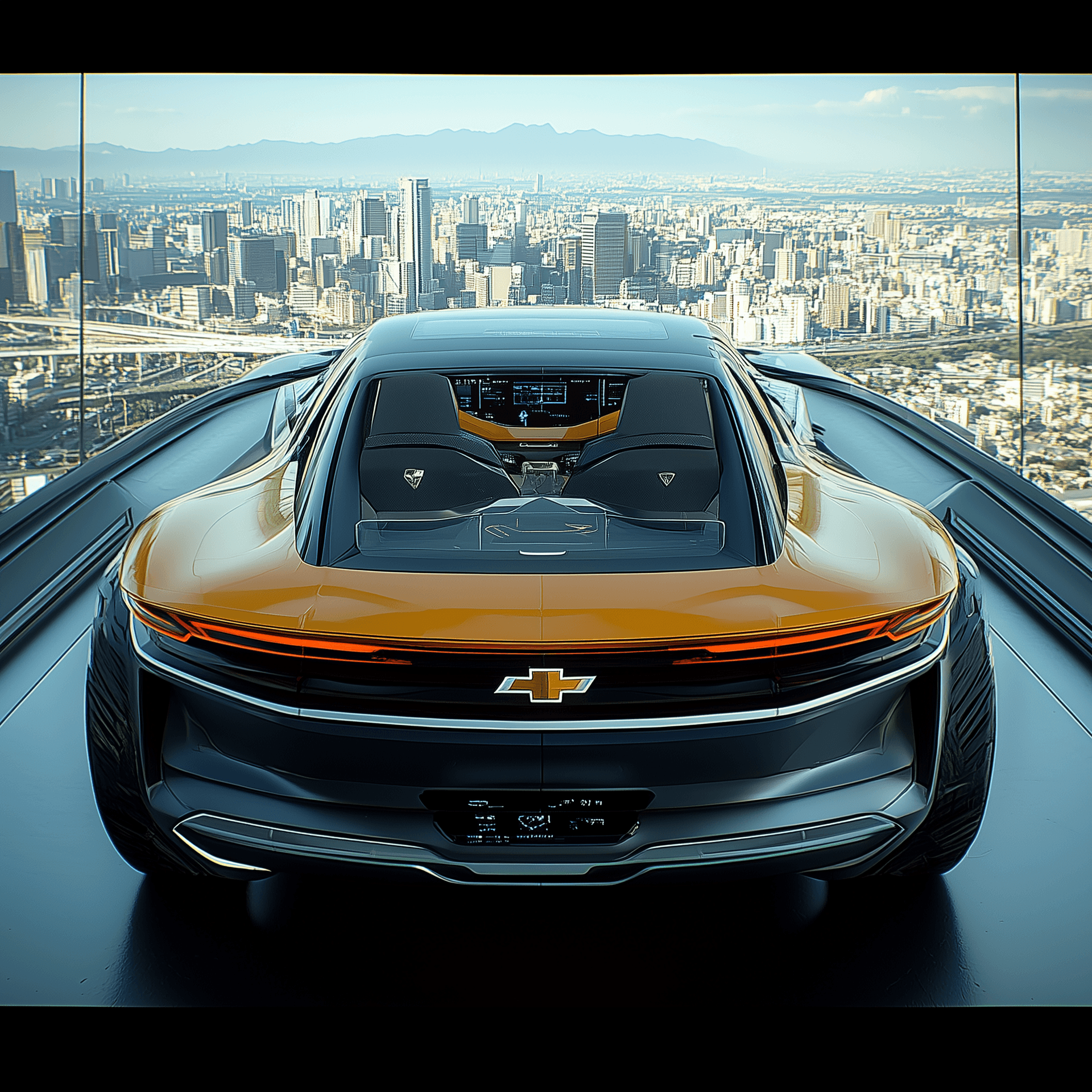 AI generated:  Silverado, chevy, pickup, truck, Cyberpunk 2077, concept, future, wide angle shot --chaos 95 --ar 1...