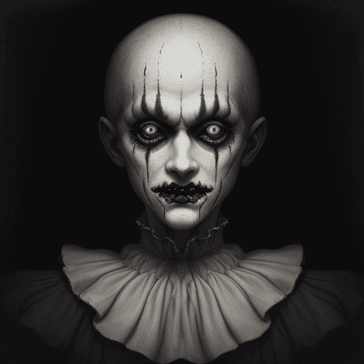 AI generated: Portrait of an evil pierrot, looking like a muller, horror, gloomy, chiaroscuro, extremely detailed,...