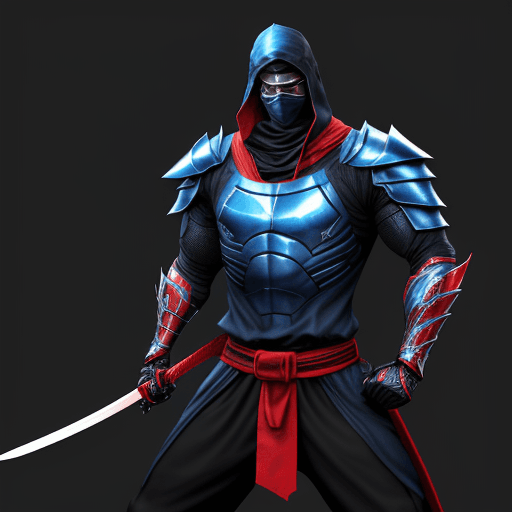 AI generated: A tall, imposing black and blue ninja, reminiscent of Sub-Zero, stands poised with a sleek, silver s...