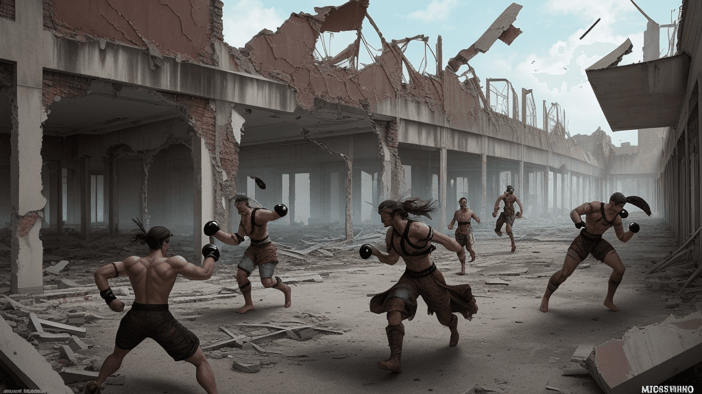 AI generated: 4 fighters flee a ruined abandoned city