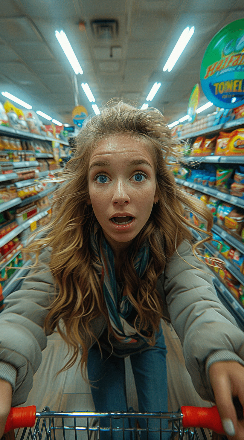 AI generated: a woman speeding down the aisle of a supermarket, in the style of zhang jingna, playful chaos, photo...