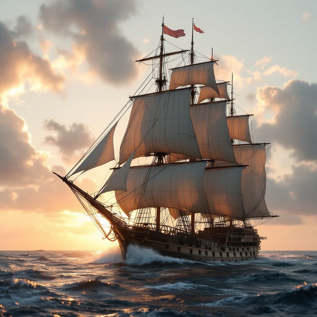 AI generated: Photo of a ultra realistic sailing ship, dramatic light, pale sunrise, cinematic lighting, battered,...