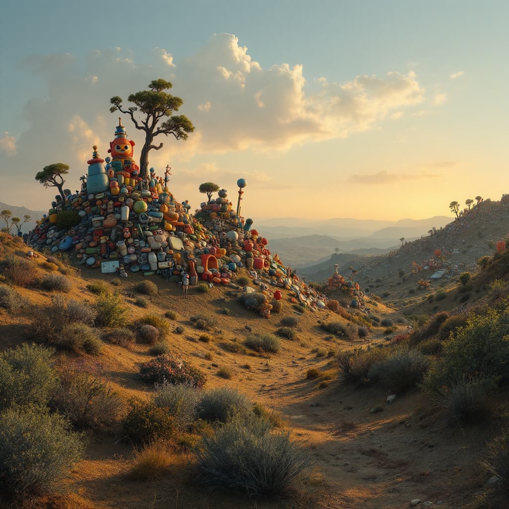 AI generated: A Funk Art landscape in the evening, with hills made of everyday objects. The style is reminiscent o...