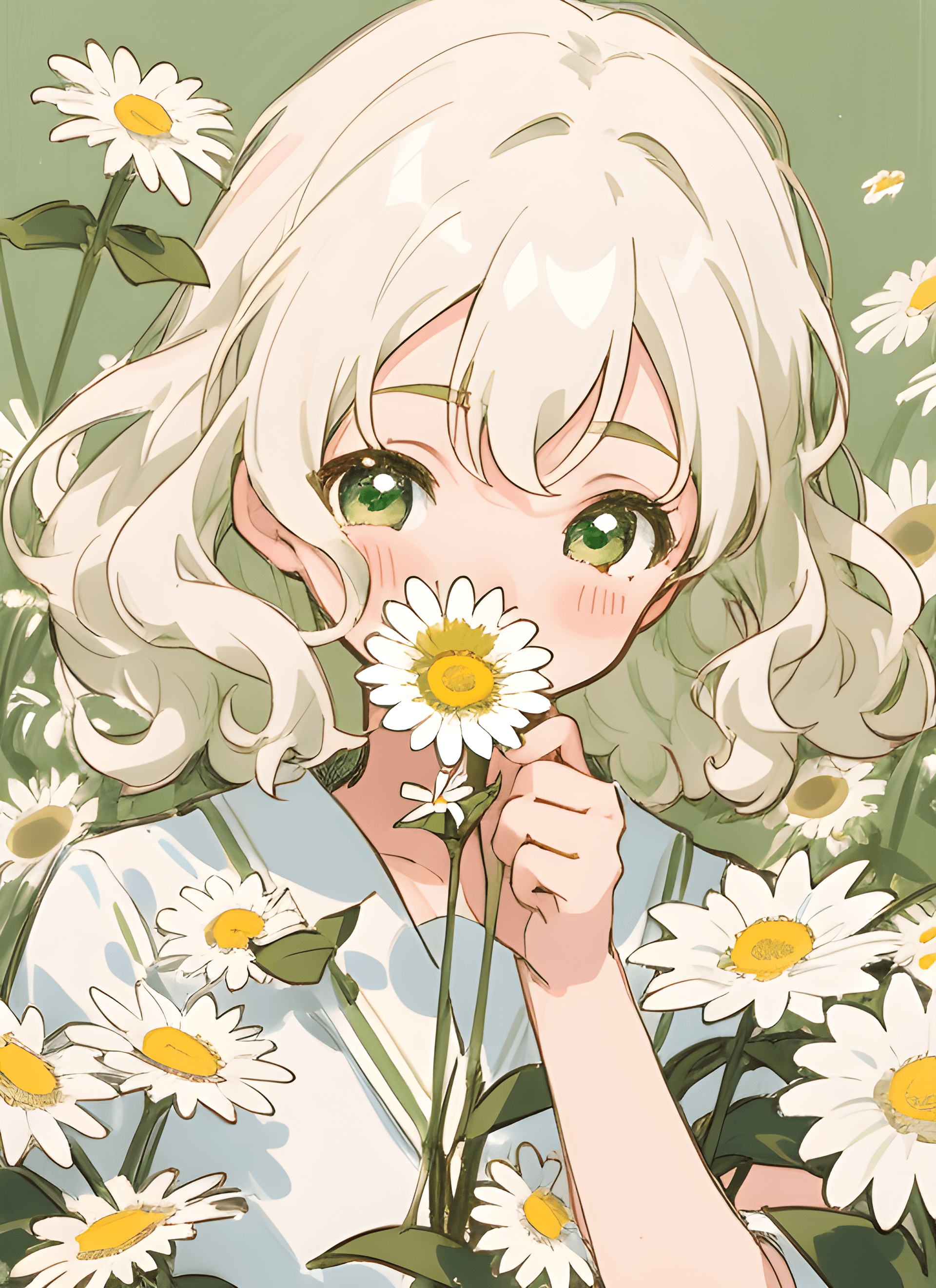AI generated: a close up of a person holding a flower, by Yanagawa Nobusada, pixiv, white curly hair, daisies, wit...
