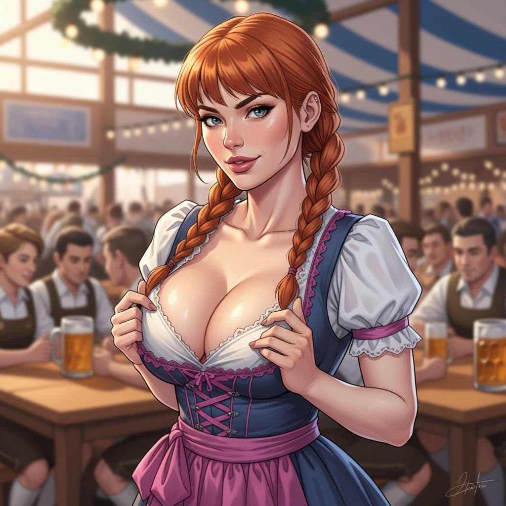 AI generated: (ginger-haired woman), (huge tits out of dress), visible tits, twin braids, fringe, (wearing dirndl)...