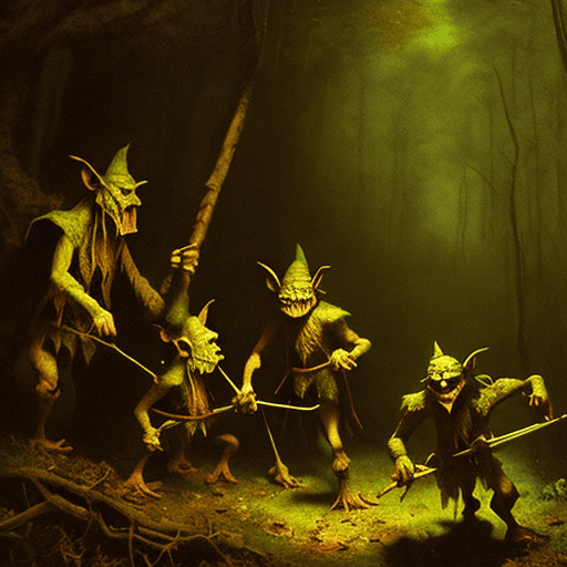 AI generated: goblins stalk in the dark woods rembrandt, medieval fantasy world, battle-torn, hyper realistic, hyp...