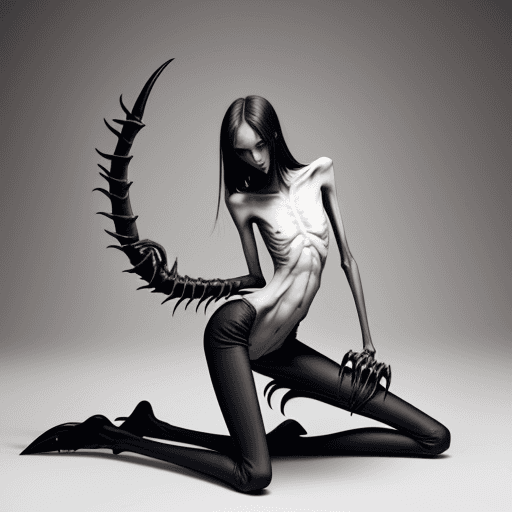 AI generated: extreme skinny slender girl, with long curved claws, skinny legs and long skinny calves in high heel...