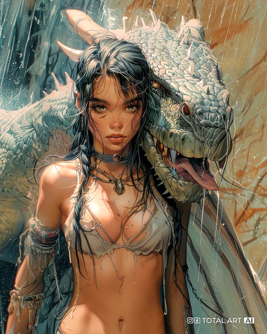 AI generated: Brave and kind-hearted, full body short of young beautiful black hair barbarian woman with her huge ...