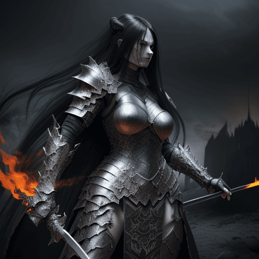 AI generated: Realistic women with black scary armor, Holding fire Sword,human face,long hair, perfectly detailed ...
