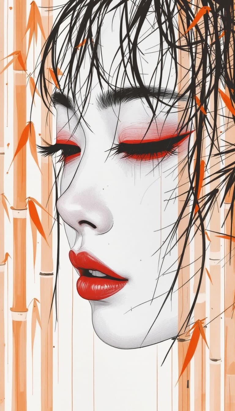 AI generated: A minimalist drawing captures the essence of a Japanese woman's face with red eyeshadow, rendered in...