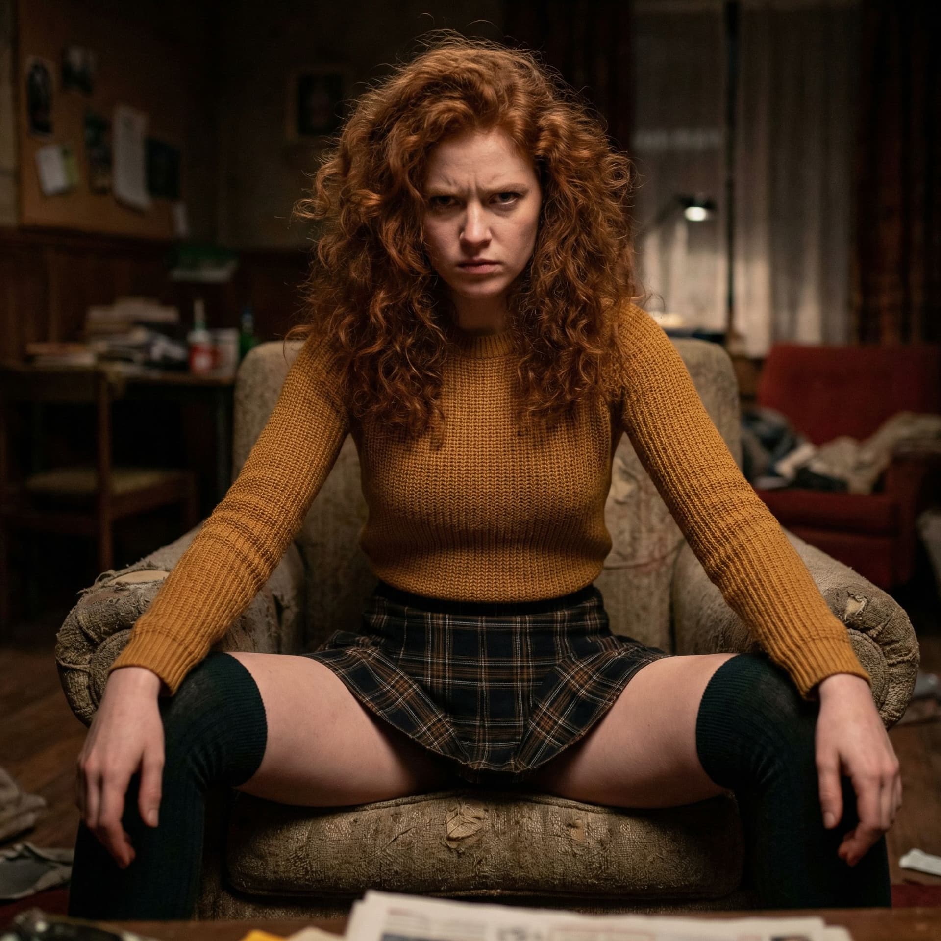 AI generated: Co-ed, 21, thicc, long curly unkempt red hair, tight ochre sweater, tight plaid skirt. thigh-high st...