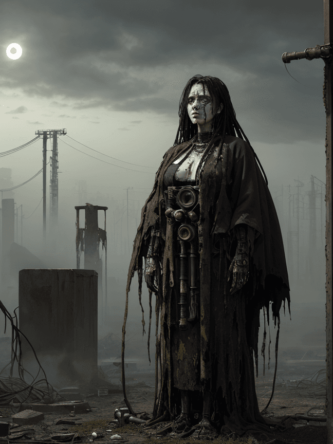 AI generated: a female priestess, half biological, partialy robotic, with dreadlocks entangled with ribbed tubing,...