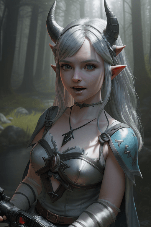 AI generated: ( a cute silver-haired girl with real devil horns), In a stunning fantasy world,breath of the wild,f...