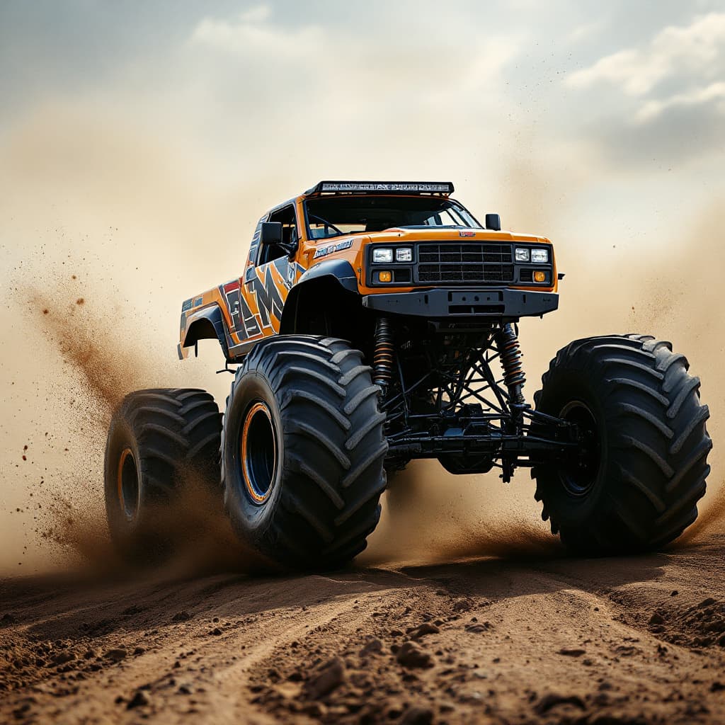 AI generated: photography, sports shooting, dynamic range, dynamic motion with Monster Truck driving towards camer...