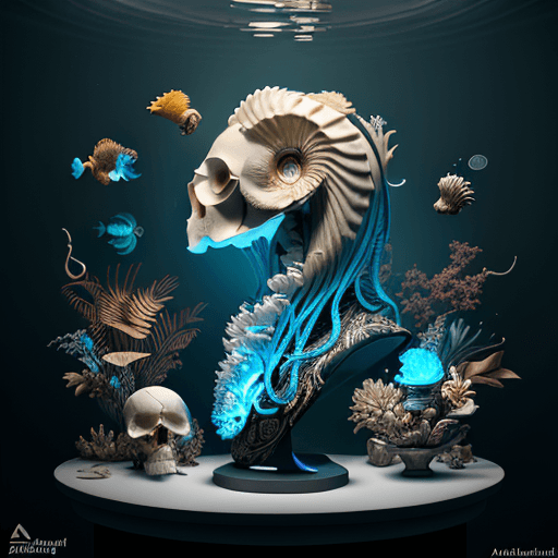AI generated: Portrait of a god in the background. cuttlefish eagle head, nautilus, archideaflower, skull, betta f...