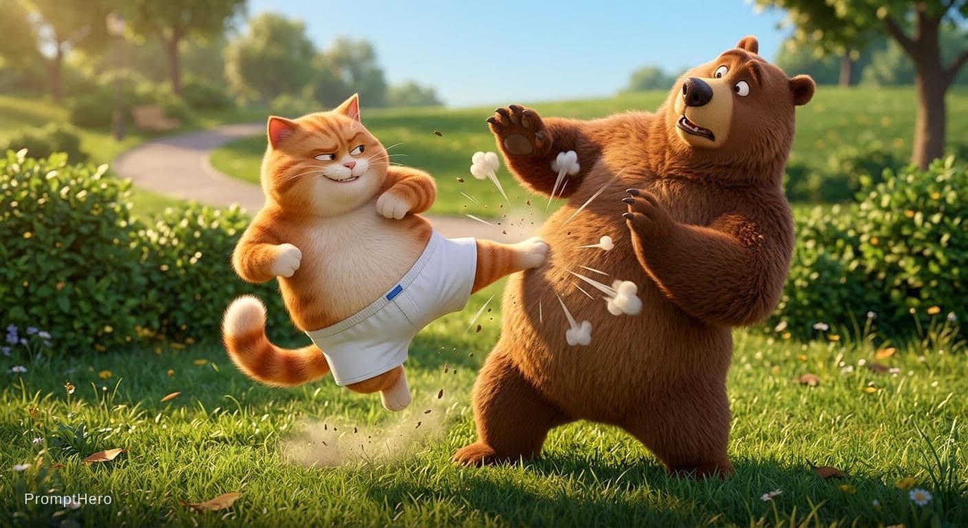 AI generated: A chubby orange tabby cat performing martial art with brown bear,cat looking mischievous and satisfi...